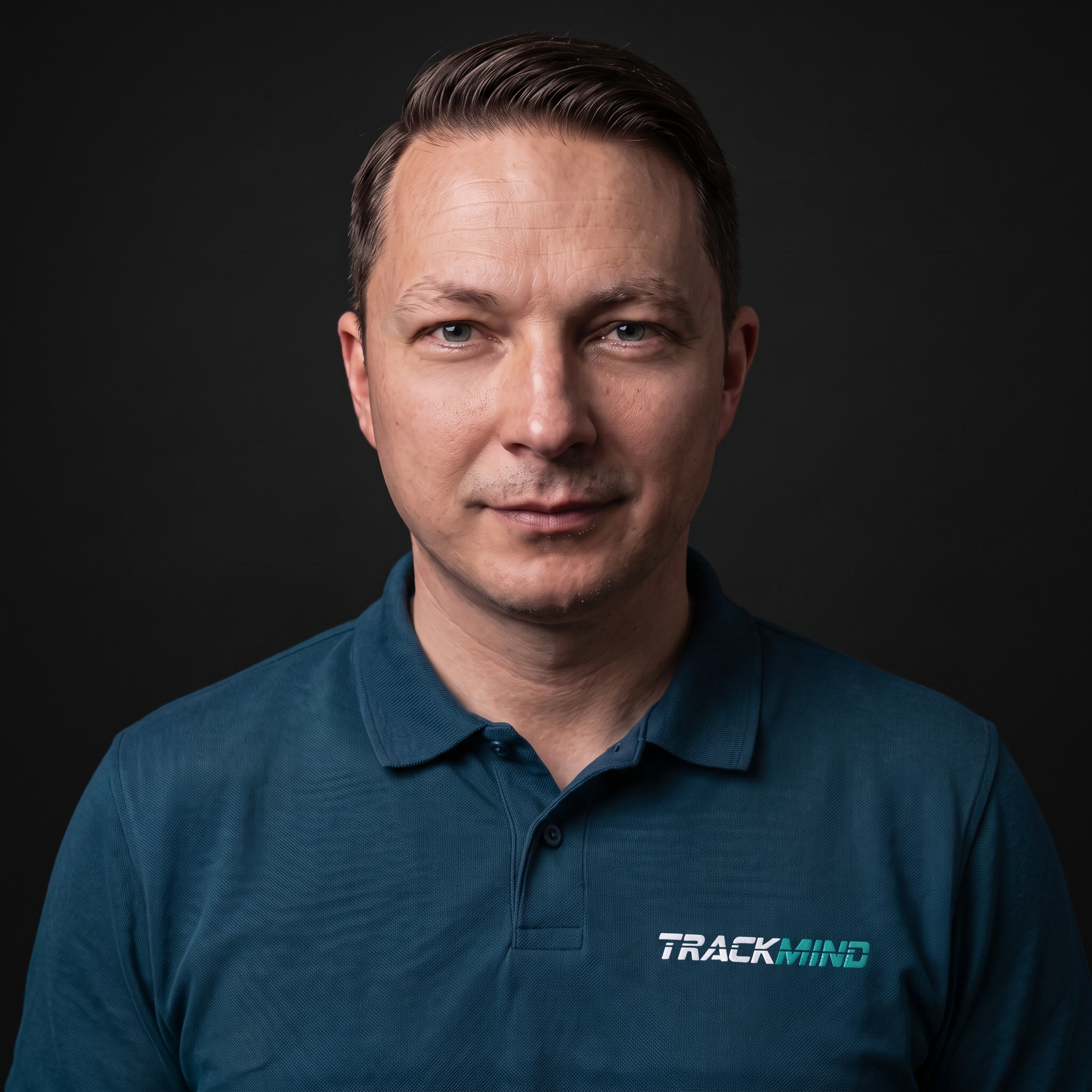 Porträt von Carlo Steckert, Gründer und Mental Performance Coach von TrackMind: kurze dunkle Haare, dunkelgrünes Polohemd mit TrackMind-Stickerei, vor dunklem Hintergrund, ruhiger Blick in die Kamera